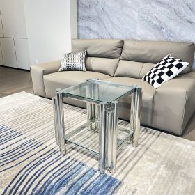 Silver Stainless Steel Double-Layer Clear Tempered Glass End Table for Bed Room, Living Room