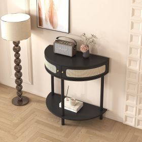 Unique Half Moon Design End Table with Rattan Door,Elegant Semicircle Sofa Side Table with 2 Rattan Storage Cabinet and Bottom Shelf for Living room