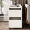 U-Can Modern End Table with LED light and Wheels, Side Table with Transparent Brown Glass Door, 2 Storage Shelves and Drawers for Living Room, White