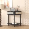 Unique Half Moon Design End Table with Rattan Door,Elegant Semicircle Sofa Side Table with 2 Rattan Storage Cabinet and Bottom Shelf for Living room