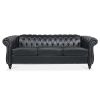 84.65" BLACK PU Rolled Arm Chesterfield Three Seater Sofa.