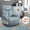 Blue Genuine Leather Swivel and Rocker Power Recliner Chair with Lumbar Support, Max Swivel Degree 270°