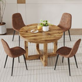 A modern and practical circular dining table. Made of MDF tabletop and wooden MDF table legs. A set of 4 brown cushioned chairs. CT-403 B0501A (Color: as Pic)