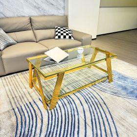 Golden Stainless Steel Double-Layer Clear Tempered Glass Coffee Table for Bed Room, Living Room (Color: as Pic)